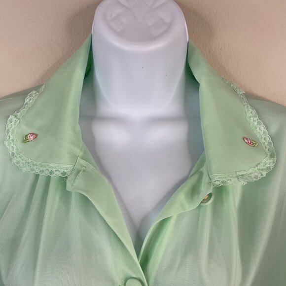 Vintage Womens Robe Housecoat Button Up Size M Lace Trim Chiffon Rockabilly - Picture 13 of 14